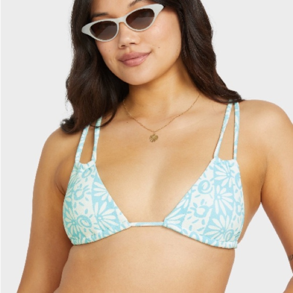 Billabong Floral Bikini Top in Light Blue and White